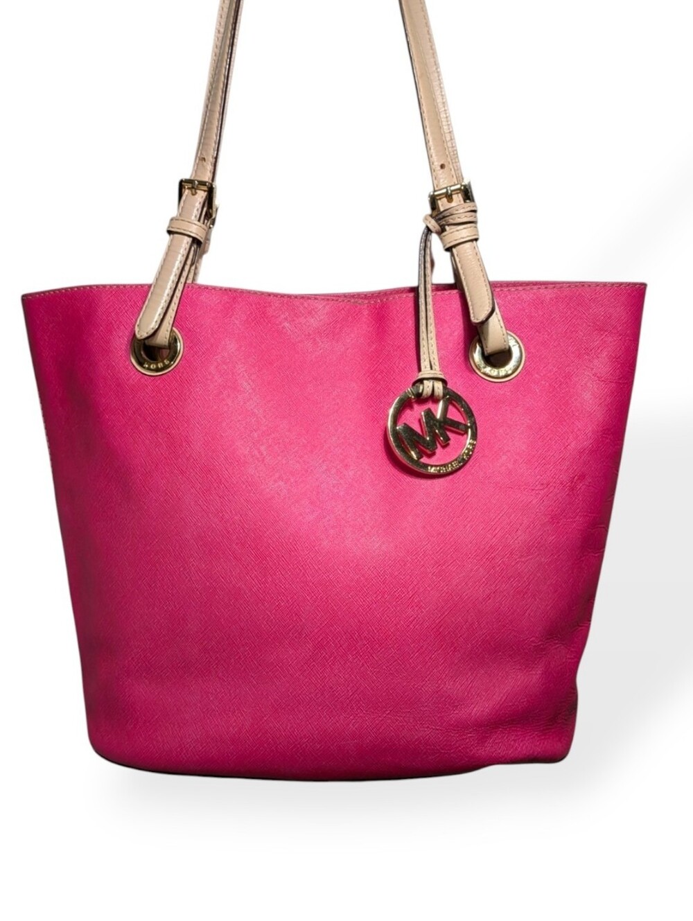 Michael Kors Tote Bag Hot Pink Tan Coated Canvas Leather Handles Jet Set Purse‎